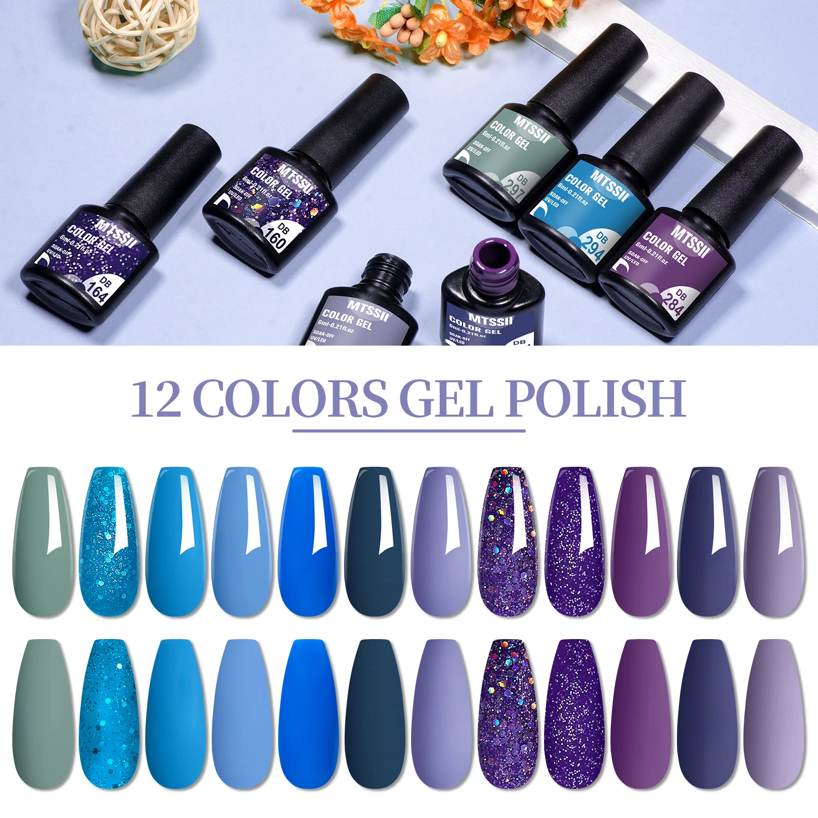 Mtssii 10/12pcs Blue Series Gel Nail Polish Set Soak Off Semi Permanent UV Varnish Kit Art Design Manicure Nail Supplies