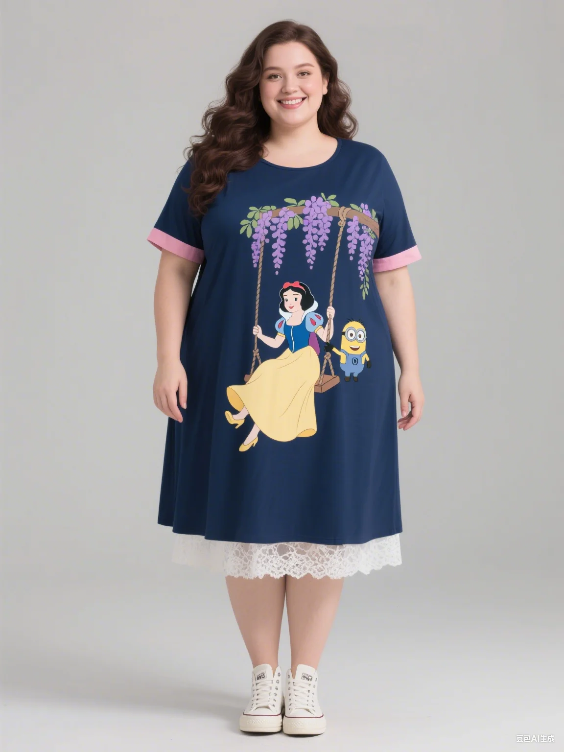 Sukienka damska plus size na jesień 2025 z nadrukiem Minionków i Królewny Śnieżki, bez rękawów, z okrągłym dekoltem, do modnego stylizacji.