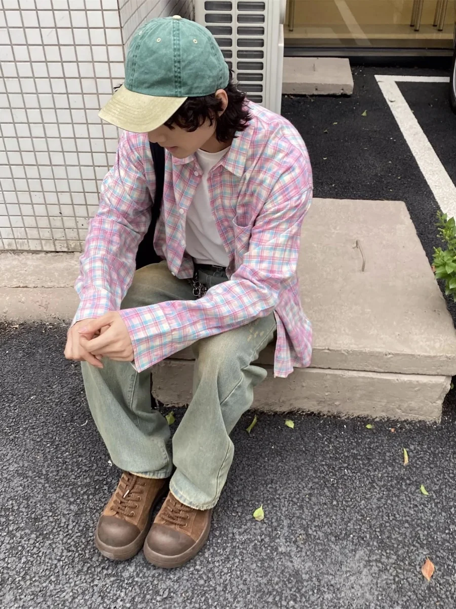 

Американский Ретро Цвет Blo Plaid Long Sve irt Мужчины Женщины Весна Лето Новый Свободный Повседневный Irt Воротник Тонкая Ткань