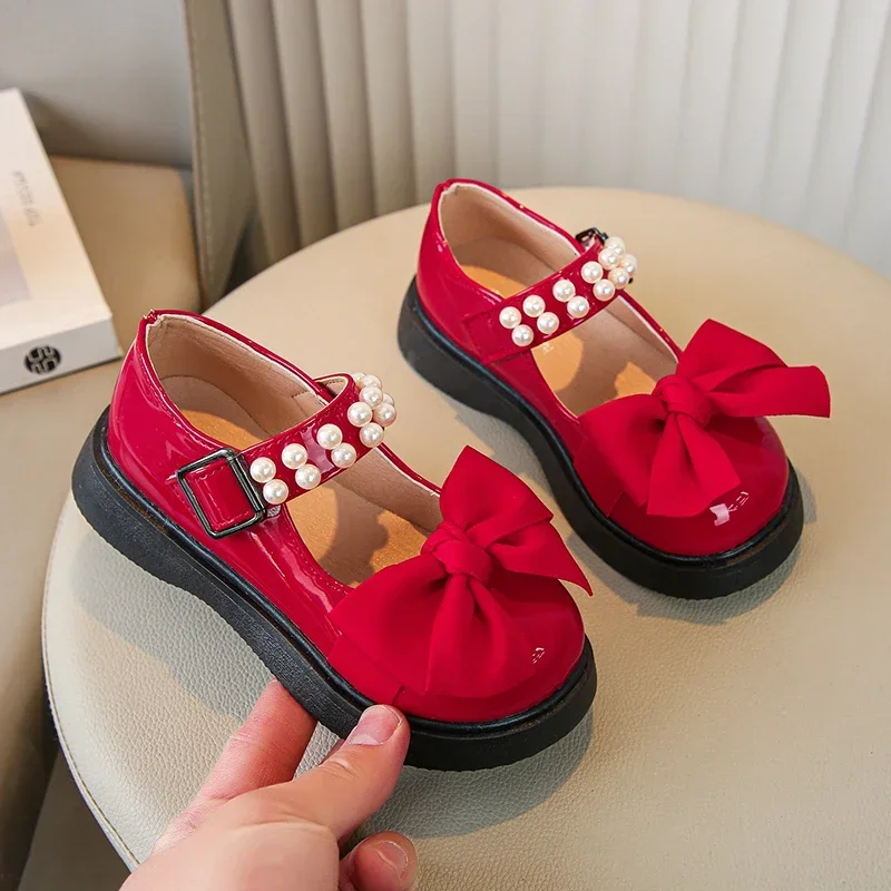 New Bow Girls Leather Shoes Pearls Bow Round-toe Glossy Kids Princess Leather Shoes Drop Shipping Non-slip Children Shoes