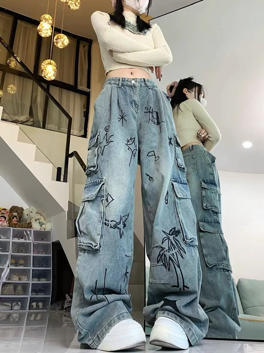 Jeans da lavoro graffiti personalizzati multi tasca retrò americani per uomo e donna street hiphop pantaloni casual larghi a gamba dritta