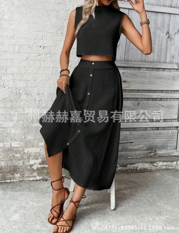 Button Design with Split A-Line Buttocks Waist Length Skirt Round Neck Sleeveless Short Top Cotton Linen Skirt Solid Color Set