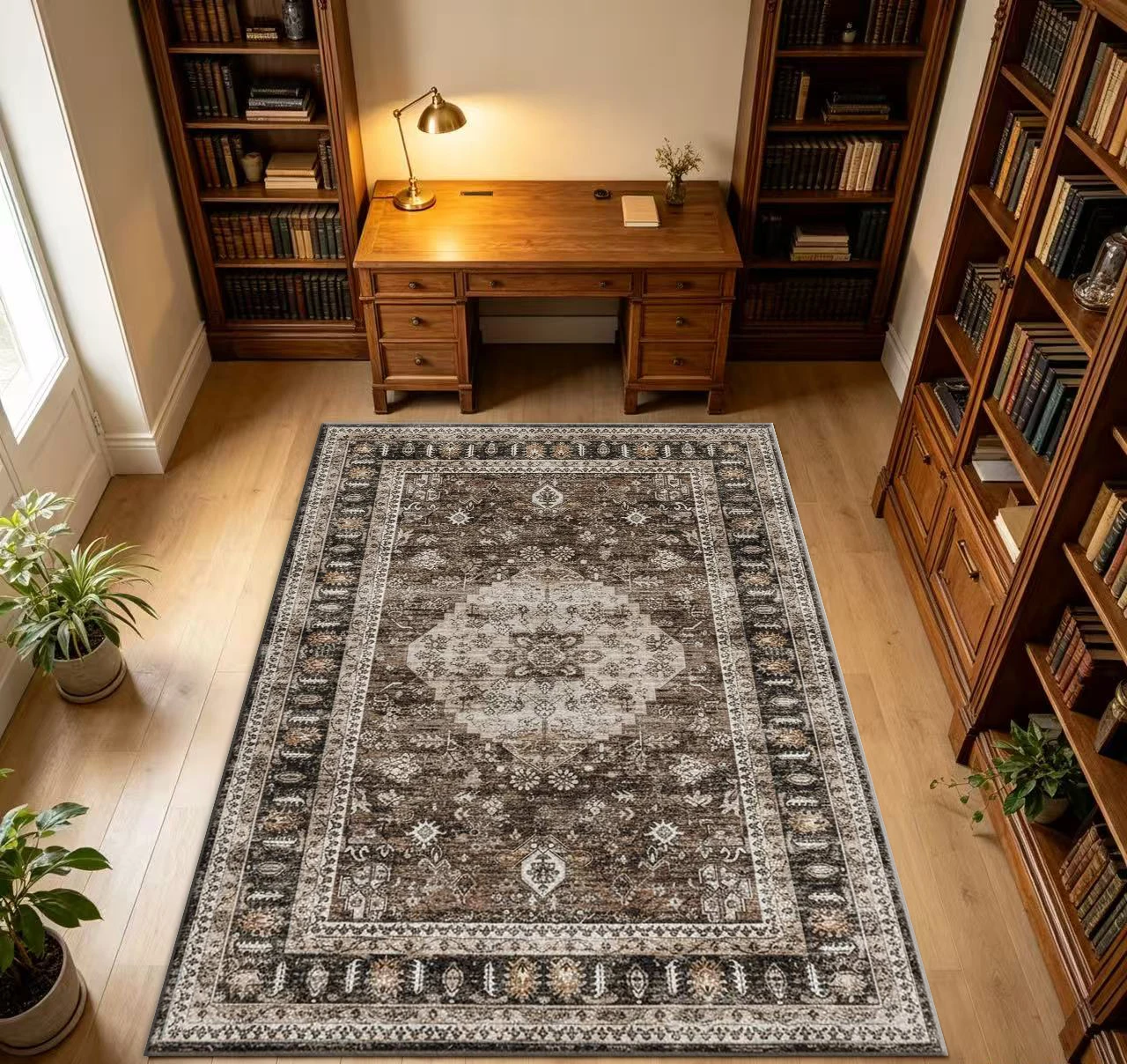 Antique-Style Vintage Medal Pattern Oriental Retro Non-Slip Carpet for Home Flooring