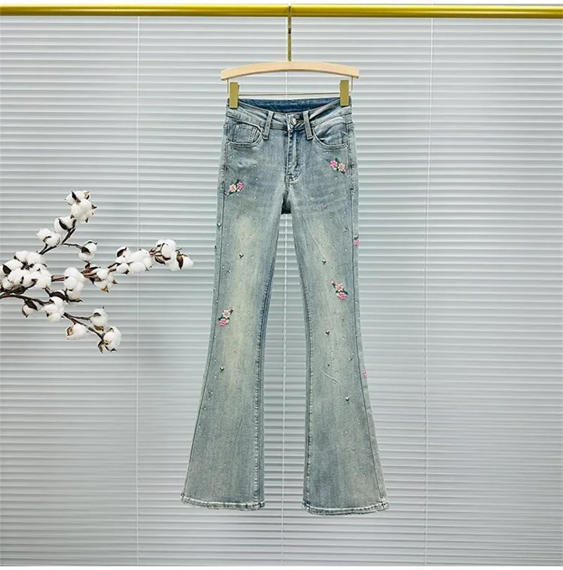 ﻿ Embroidered Jeans Women's Micro Flared Long Pants 2024 Spring Autumn High Waist Slim Fit Elastic Diamond Flared Pants  Elastic