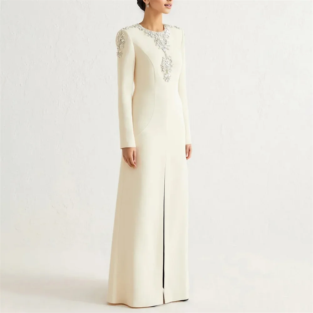 Dubai Straight Luxury Wedding Evening Night Dress for Women Muslim 2024 Long Sleeves Diamonds Plus Size Formal Prom Party Gown