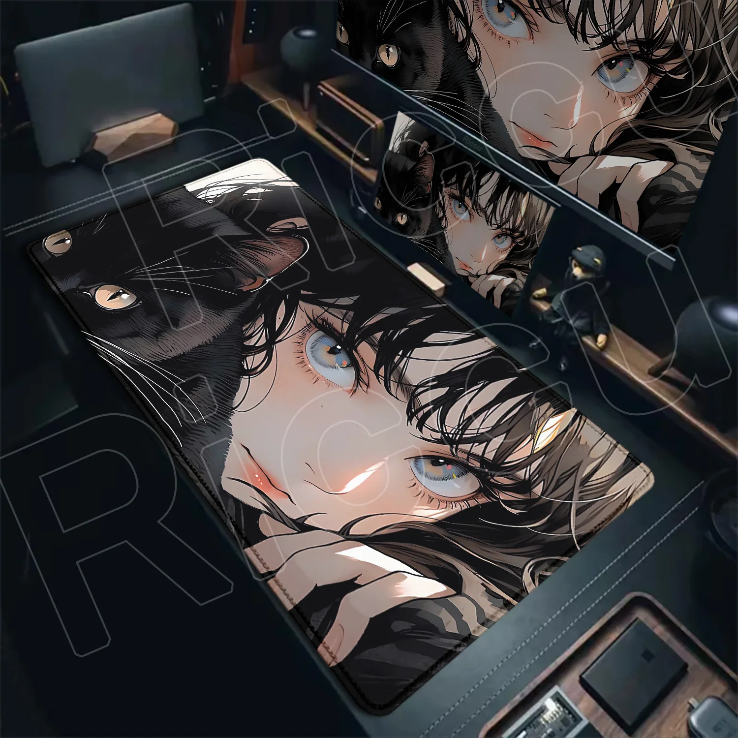 XXL Gaming Mouse Pad Anime Black Cat Eyes Gaming Keyboard Long Pad Computer Desk Mat Large Kawaii Girl Laptop Rug Office Gadgets
