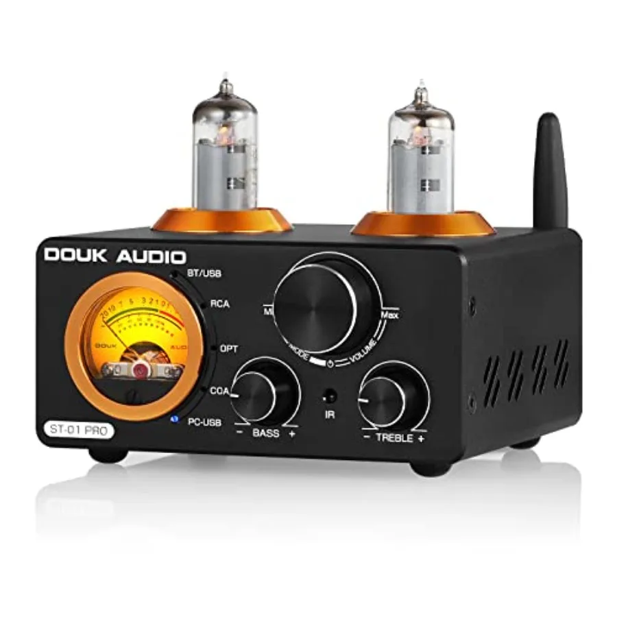 

Home theater/stereo speakers amplifier, vacuum tube, black, 200W Bluetooth with USB DAC/Coaxial Optical inputs, VU meter, trebl