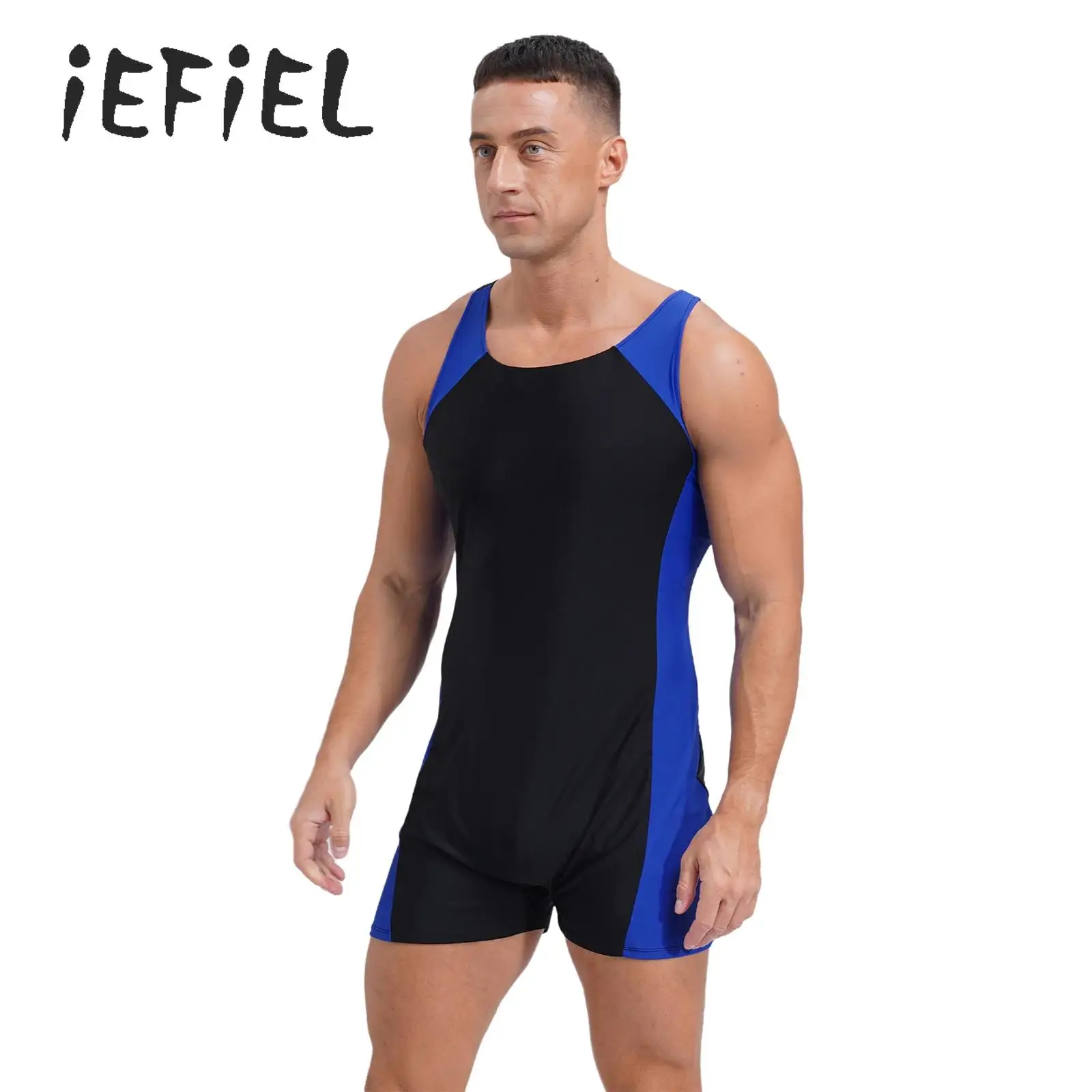 

One-piece Mens Sleeveless Swimsuit Sports Swimwear Professional Boy Leg Contrast Bodysuit Bathing Suit Surfing Swimming Suit