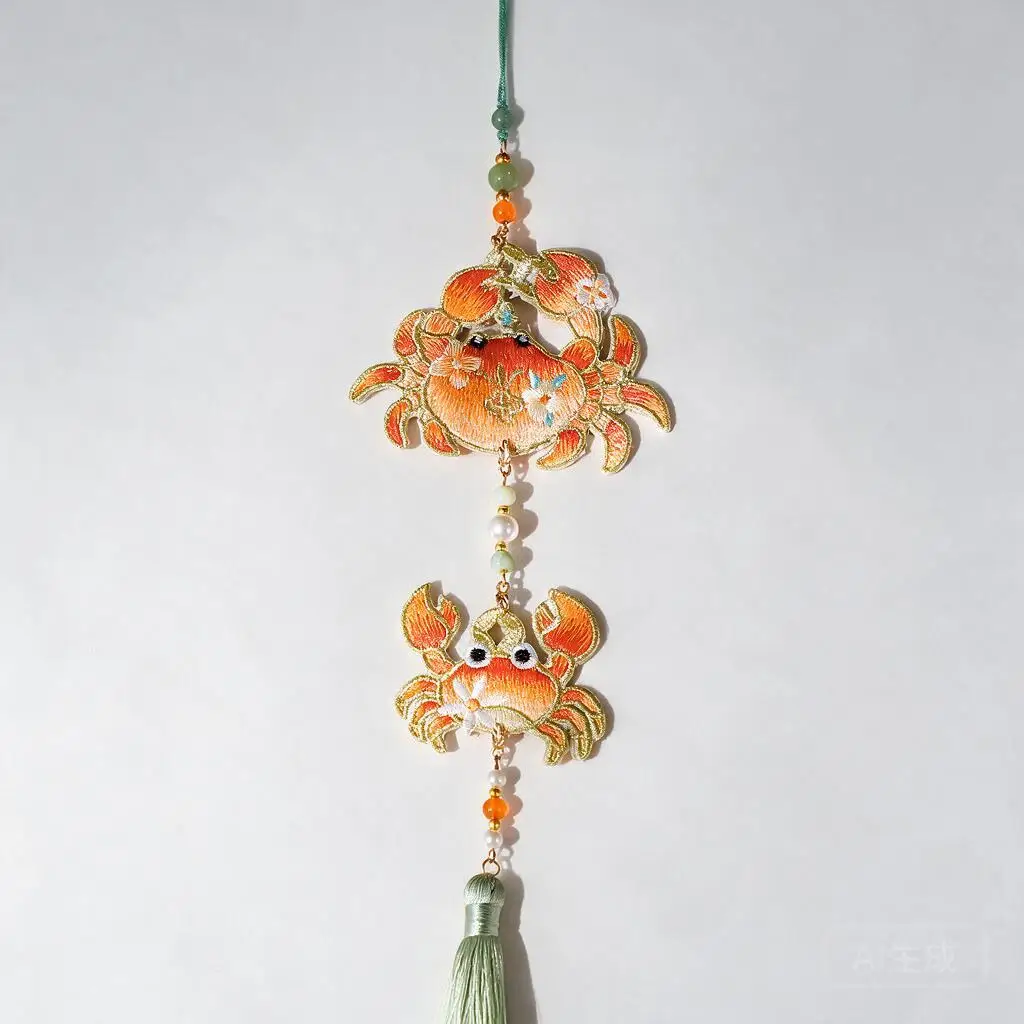 Vintage Chinese Style Double Sided Embroidered Crab Tassel Pendant Hanfu Horse Face Skirt Accessory Chinoiserie Hanging Ornament