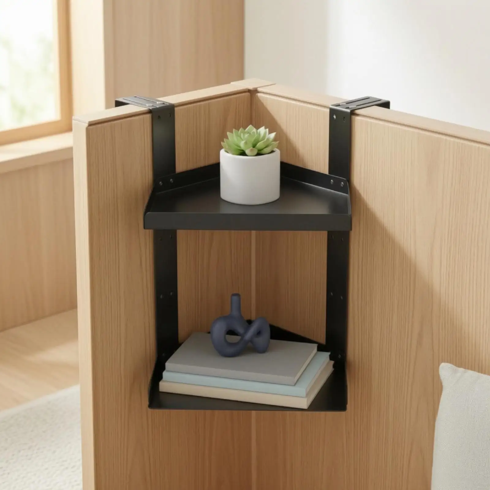 Corner Storage Shelf with Two Tray Levels Space-Saving Partition-Mounted Corner Organizer Easy to Install Cubicle Hanging Shelf