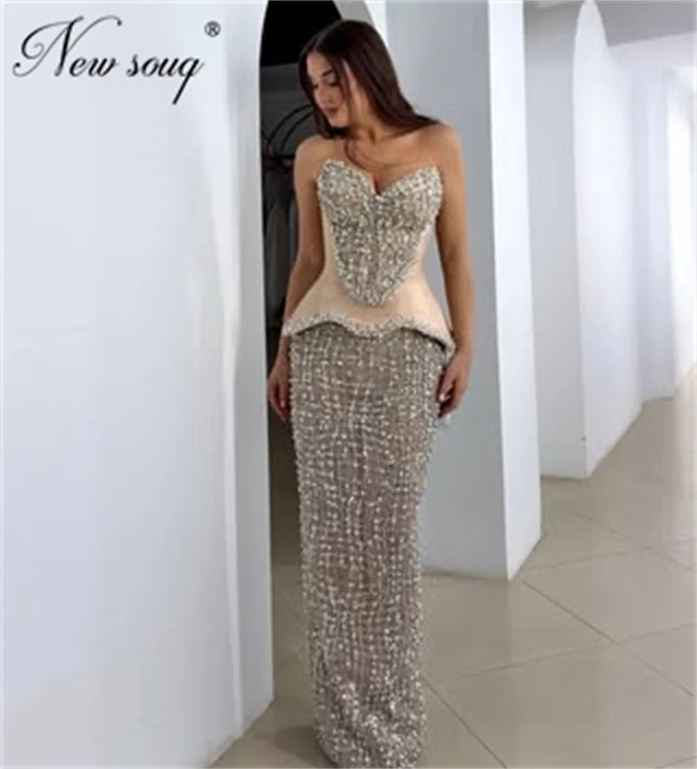 

Charming Champagne Beading Prom Dresses Straight Strapless Women Evening Dresses Customized Robes De Soiree Wedding Party Gowns