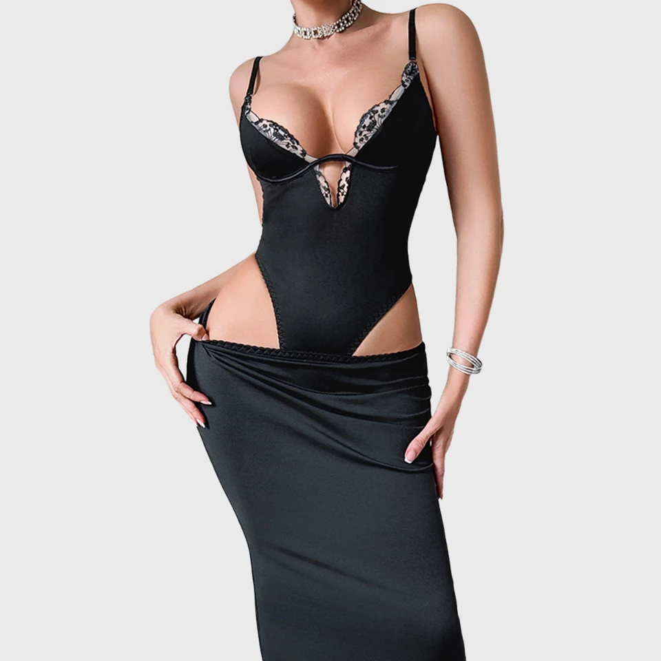 Ellolace Elegant Lingeries Femme Ultra Hot Tempted V Neck Cutout Bodysuit Midi Skirt Luxury Embroidery Hem Women's Intimates