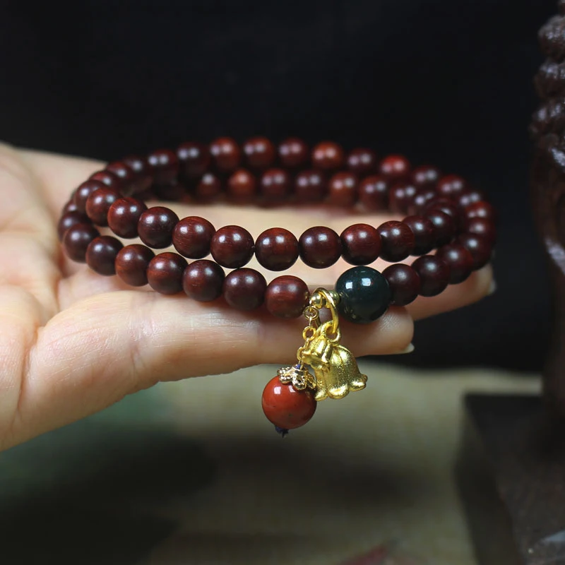 Zambian Rosewood Blood Sandalwood 6mm Double-Loop Bracelet with Lily of the Valley Pendant, Forest Style Prayer Beads