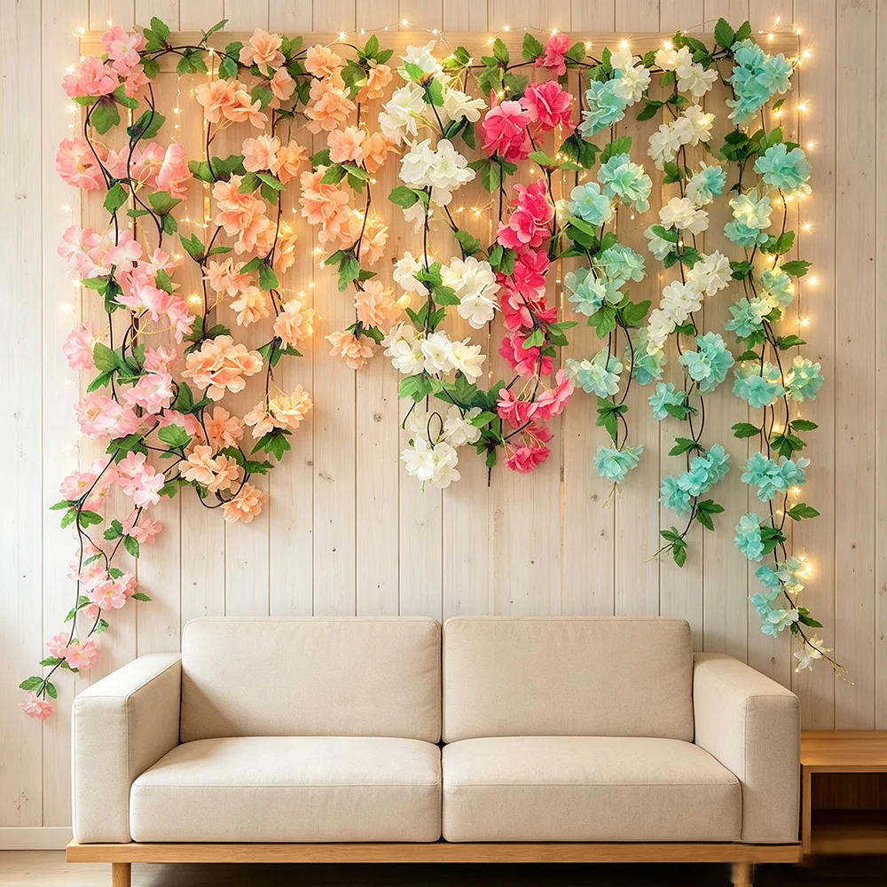 5 Stück Künstliche Kirschblüten-Ranken, Künstliche Hängende Kirschblüten-Pflanzen für Heim, Garten, Wand, Zaun, Hochzeitsdekoration – Detail 3