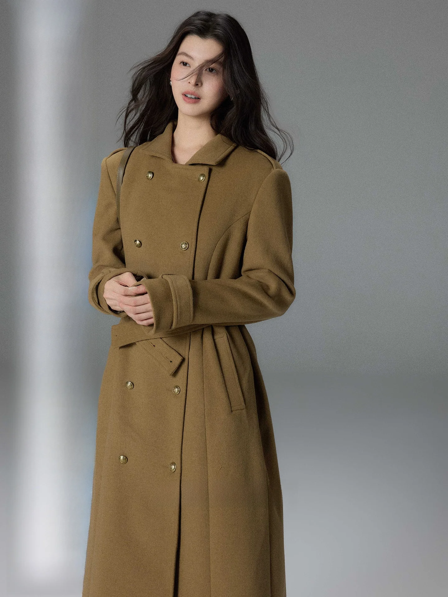 

Two eep Design【Mu Tang】Briti Sle Double Button Woolen Coat Women's Cross Design Waist-Cinching Long Coat
