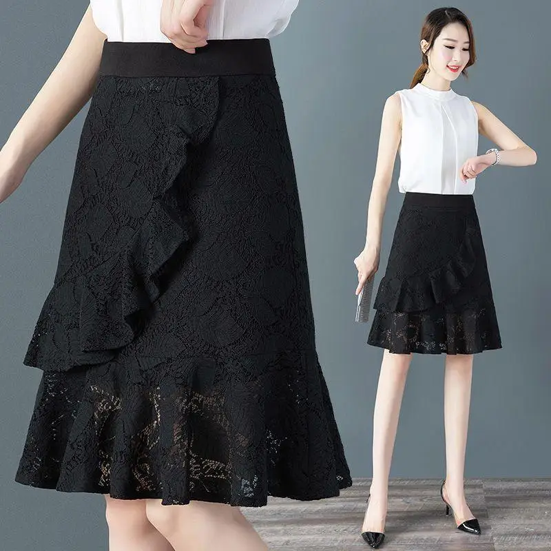 Summer 2026 High Waist A-Line  Skirt Women's Lace Thin Design Fish Tail Skirts Black Color Midi Skirts for Ladies