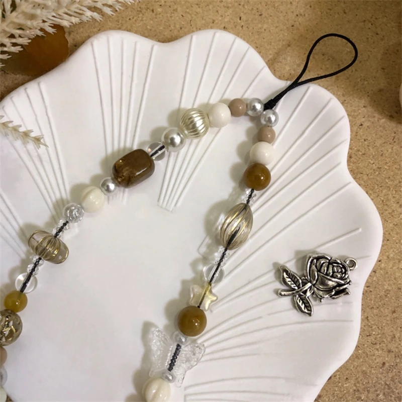 Korea Cute Butterfly Beaded Phone Chain Charm Lanyard For iPhone Samsung Universal Accessories Anti-Loss Lanyard Jewelry Pendant