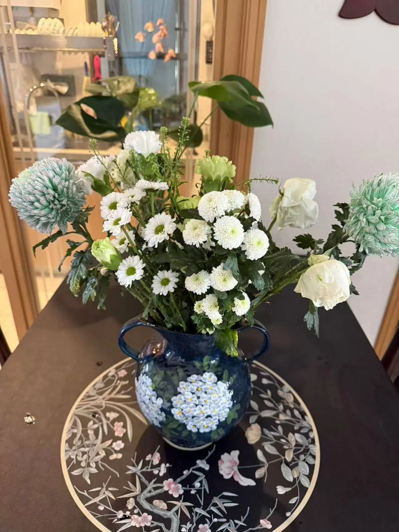 FG ceramic vase ornament living room flower arrangement retro device hand-painted hydrangea binaural vase
