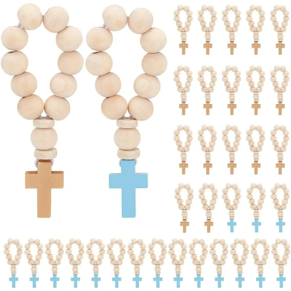 

36Pcs Wooden Rosary Beads with Cross Pendant PapayaWhip Wood Rosary Beads with Wood Bead and Elastic Cord Catholic Rosary Beads