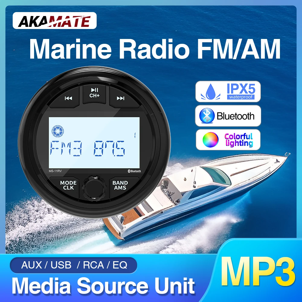 

AKAMATE Marine Boat Radio Media Player MP3 Stereo Radio FM AM Receiver Waterproof Bluetooth AUX USB Widely for ATV UTV SPA RZR