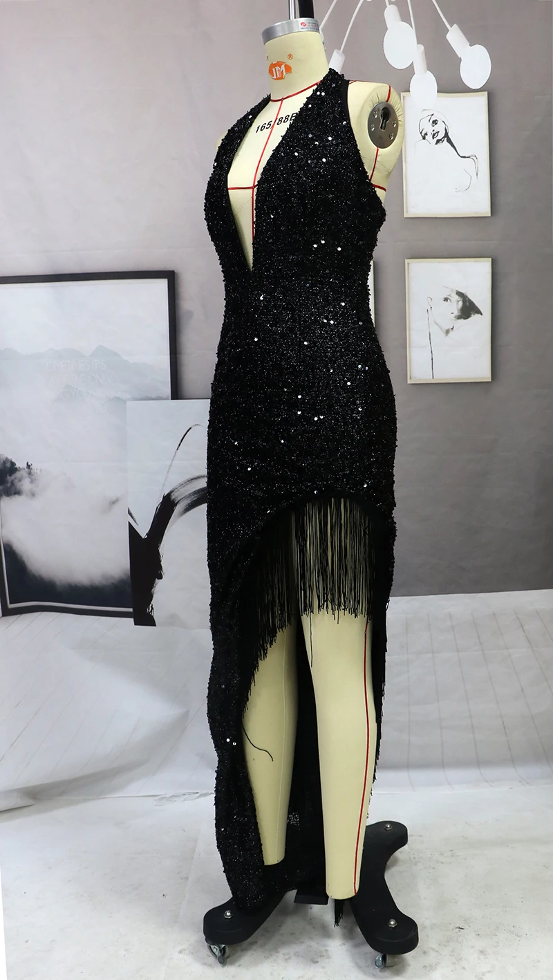 Robe de Soirée de Luxe à Paillettes Noires pour Femme, Tenue de Cocktail Sexy, Élégante, Col en V Profond, Col Licou