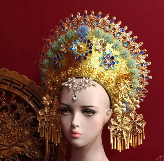 Thailand Traditional Queen Crown Ancient Costume Headwear Women Rhinestones Stage Metal