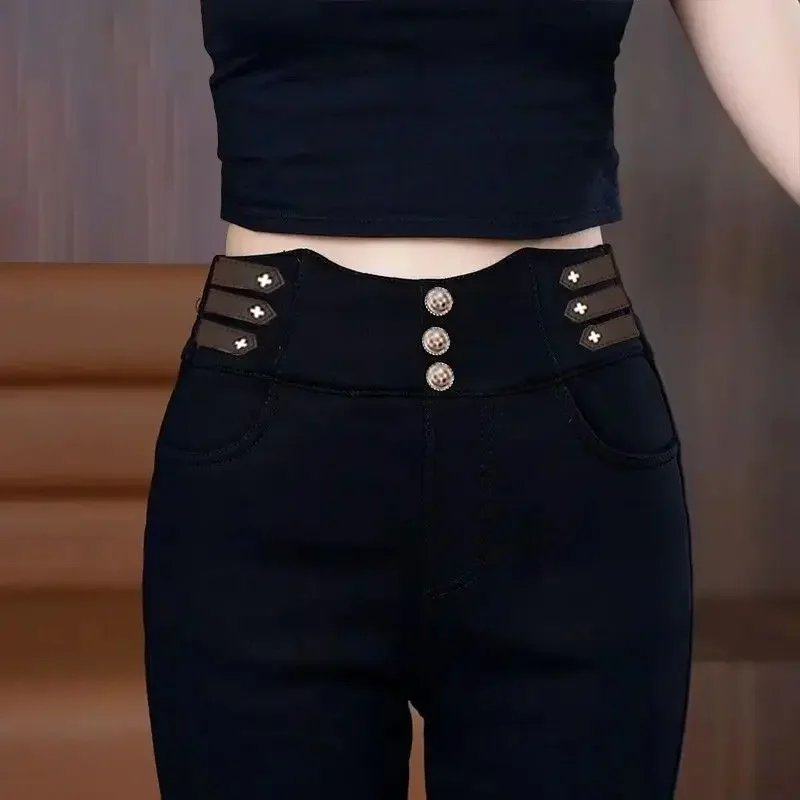 

Брюки на плоской подошве для женщин, новые горячие зимние утягивающие универсальные эластичные черные брюки-подкова с высокой талией XT1169