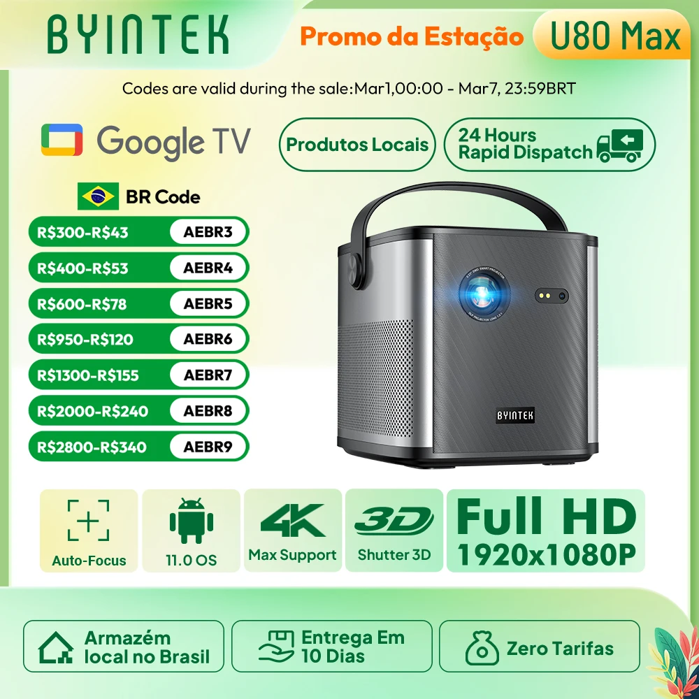 BYINTEK U80 Max Projector 3D 4K Cinema  Android 11.0 WiFi Mini Portable 1080P Home Theater Video DLP Projector with Battery