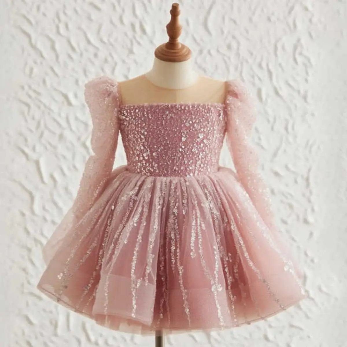 Glam Sequined Tulle Flower Girl Dress Puff Long Sleeve Square Neck Back Bow Voluminous Short Kids Birthday Gown Customized