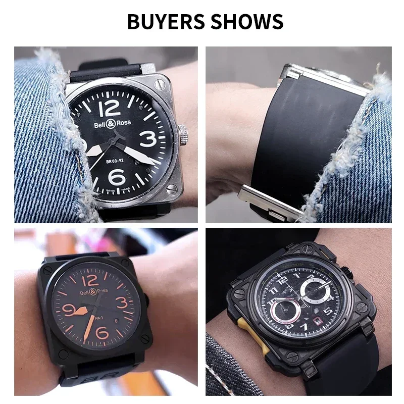 Exquisitas correas de reloj de silicona con interfaz convexa para la serie Bell Ross BR01 BR03, correa suave que absorbe la humedad de 24mm