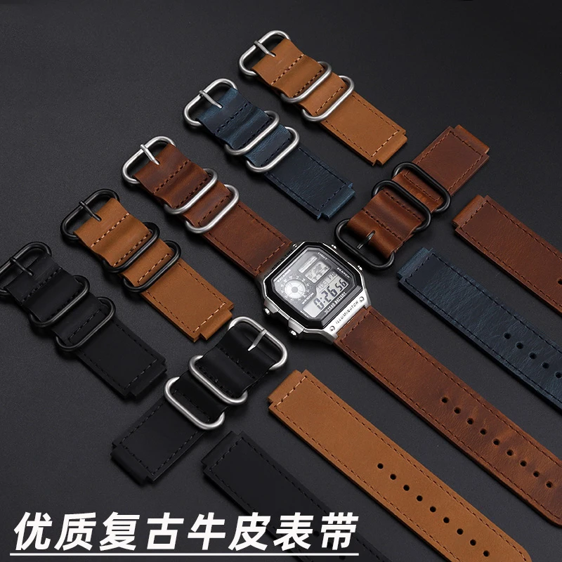 For Timex T80 Casio 3299 Small Square AE1200 AE-1200WH/1300 A158/159 SGW-300 MRW-200 Leather Strap Vintage Cowhide Watchband