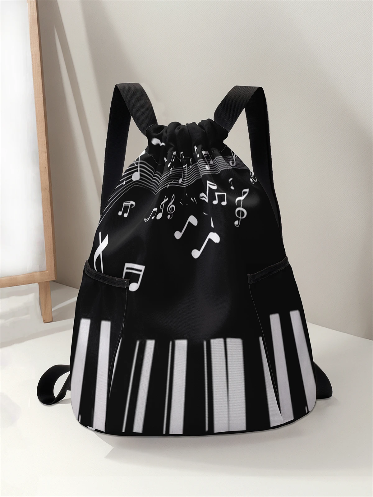 

Piano Pattern Drawstring Backpack - Large Capacity Durable Fitness Bag, Adjustable Shoulder Strap, Sports Beach Backpack