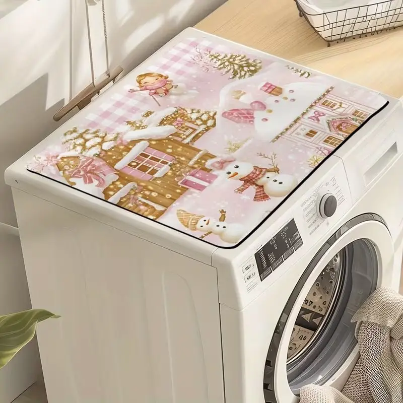 VIKAMA Pink Christmas Village Snowman Gingerbread House Washing Machine Cover Mat Non-Slip Dustproof Washer Dryer Pad Home Decor