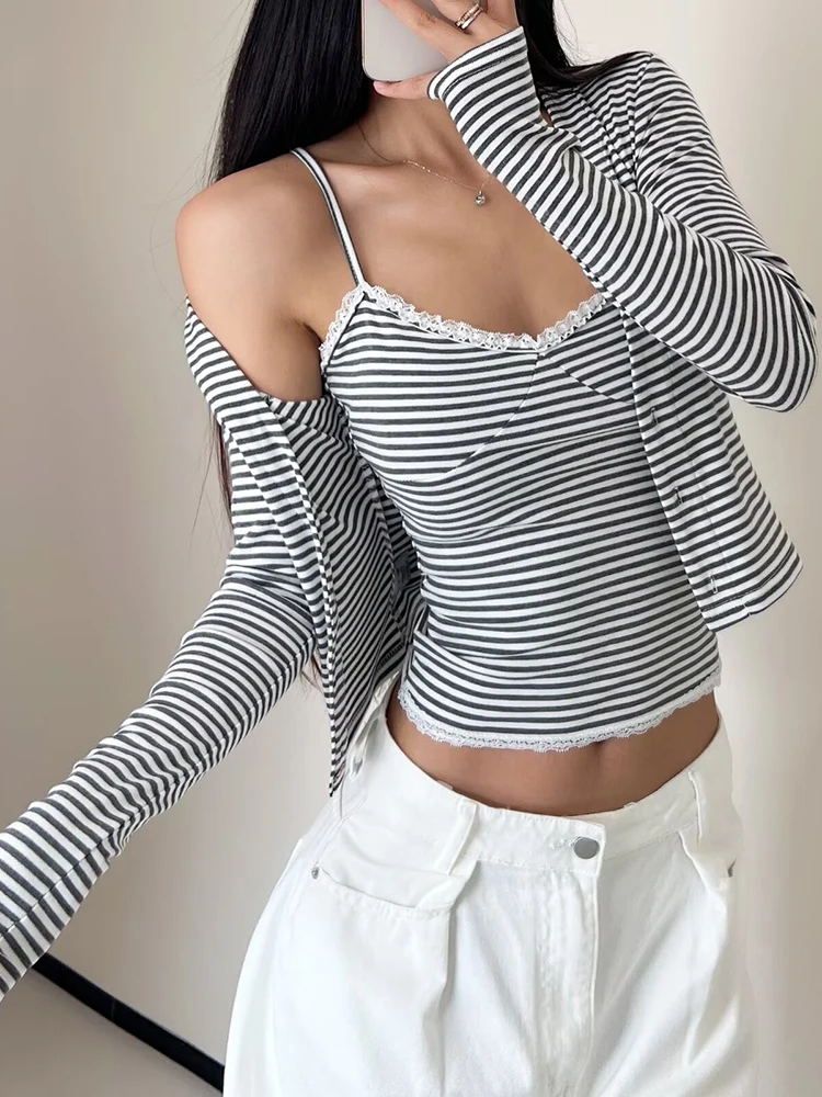 T-shirt da donna lavorate a maglia a maniche lunghe con top a canotta T-shirt slim elastiche con stampa floreale a righe