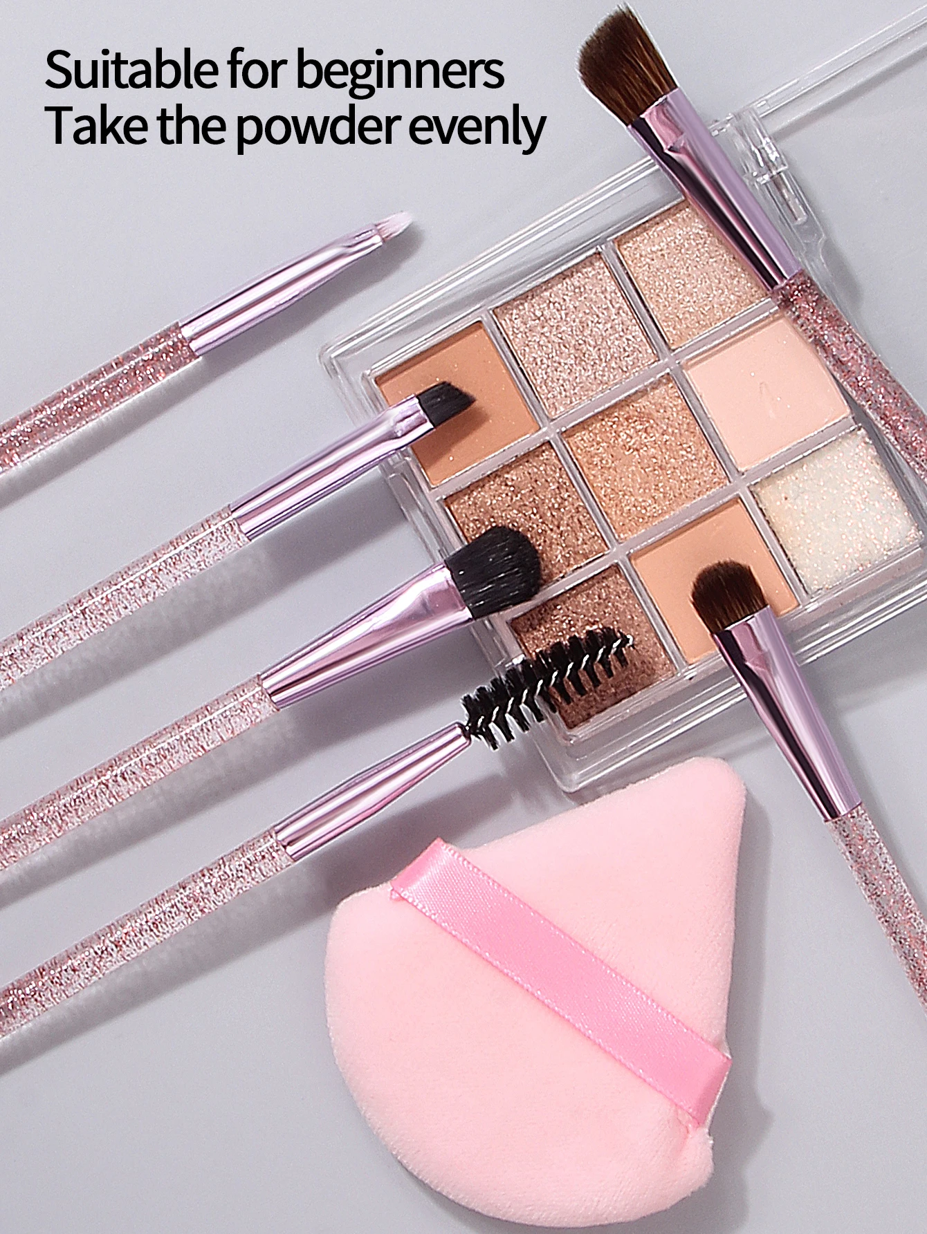 6 ชิ้น Glitter Eye ชุดแปรงแต่งหน้า, อายแชโดว์ผสมรายละเอียดแปรง, แปรงมาสคาร่า + 1 ชิ้นนุ่มสองด้านสามเหลี่ยมแป้งพัฟ