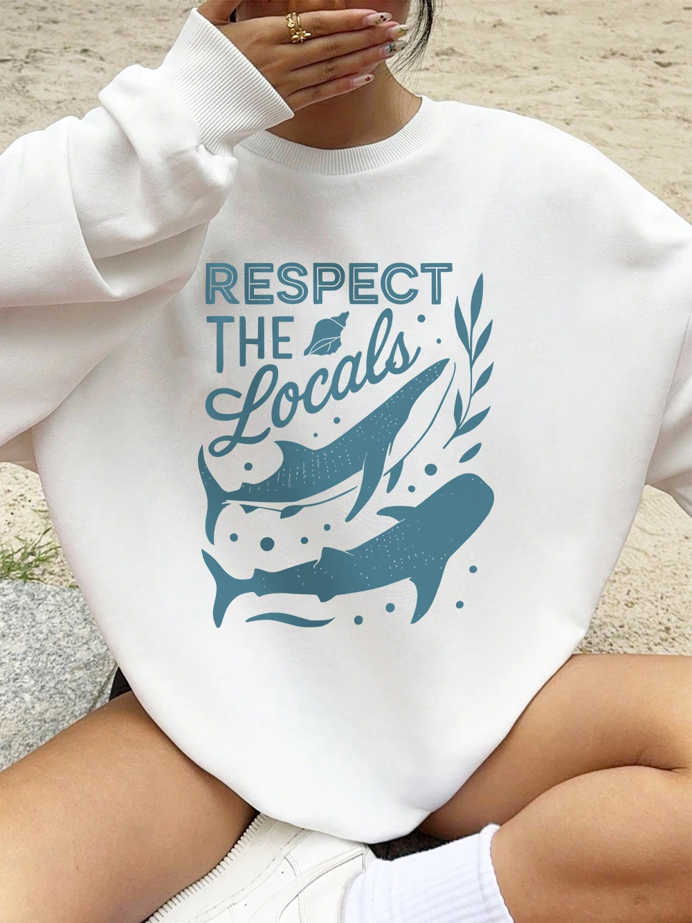 Protect The Locals Whale Prints Sweatshirts Damen Winter Fleece Warme Hoodies Rundhalsausschnitt Lose Pullover Lässige bequeme Kleidung