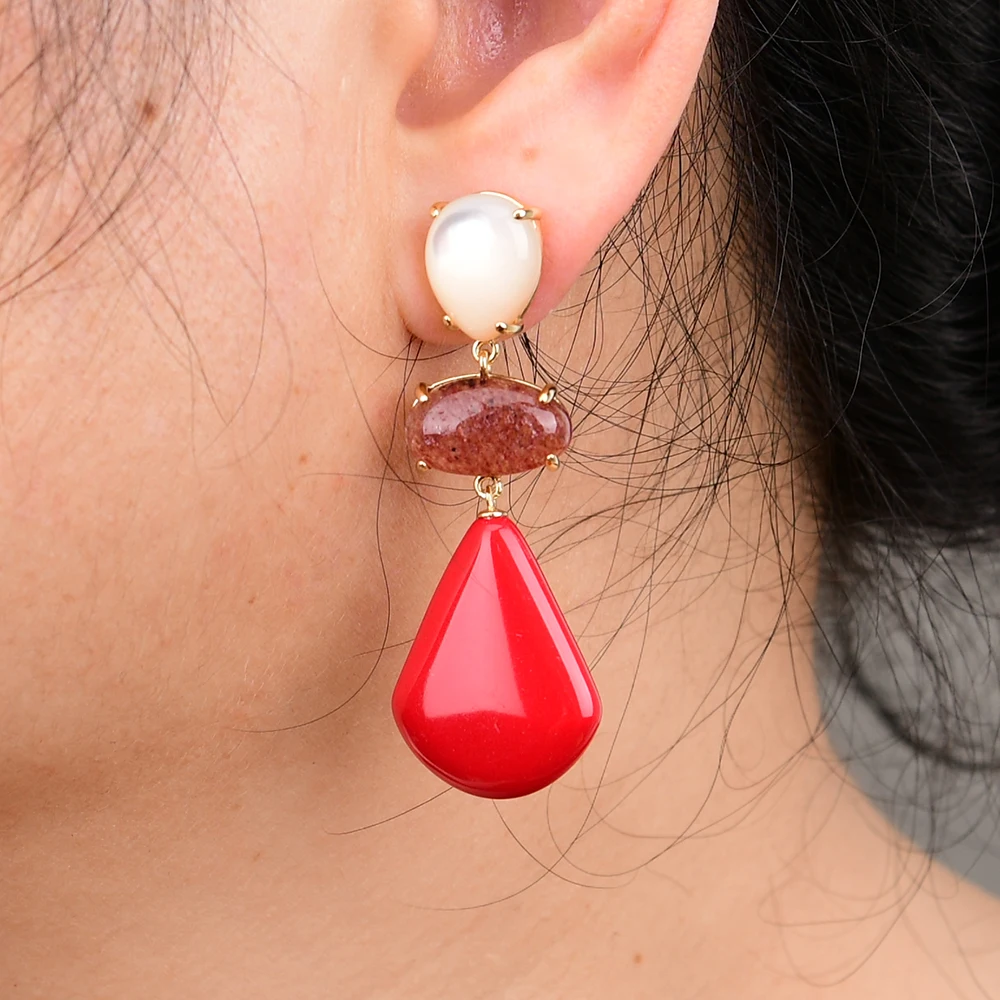 G-G Natural Multi Stone Strawberry Quartz Red Turquoise Zircon Paved Earrings Gold Plated Sea Shell Stud For Lady