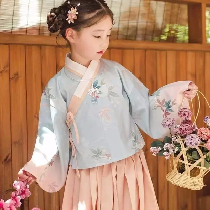 Autumn Ming Dynasty Cross Collar Printed Long Sleeved Hanfu Dress Girl 2023 Kawaii Children Stage Performance Cospaly Costumes