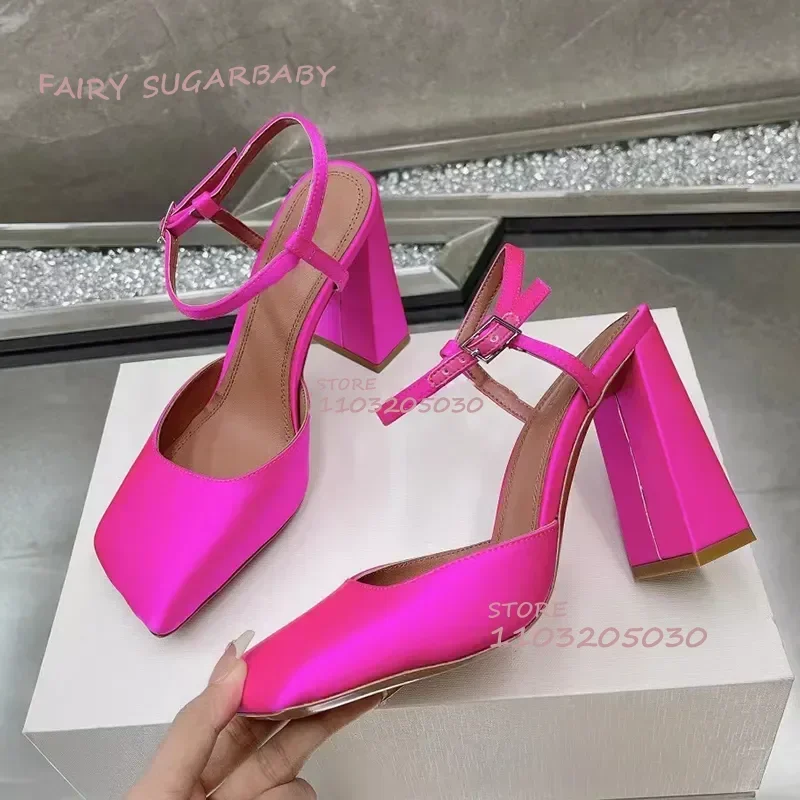 

Black Patent Leather Square Toe Thick Low Sandals Women Light Green Satin Silver Shiny Dress Casual Pump Office Lady Summer Shoe