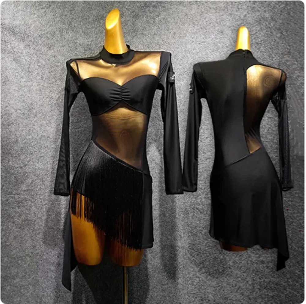 Vestido feminino de dança latina transparente, roupa de dança sexy, saia de dança franja, vestido preto de festa, performance de salsa