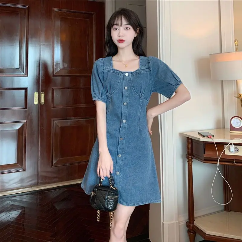 2024 Sommer Denim blau Kleid elegante quadratische Kragen schlanke Vestidos Frauen Kurzarm Sommerkleid Robe Mode Party Kleider d183