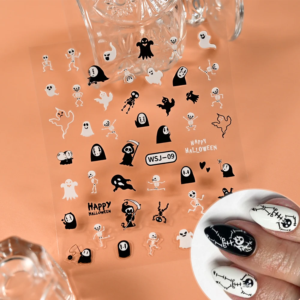 3D Zwart Wit Halloween Nail Art Sticker Ghost Spider Bat Pompoen Kat Horror Design Festival Nail Slider Halloween Nail Supplie
