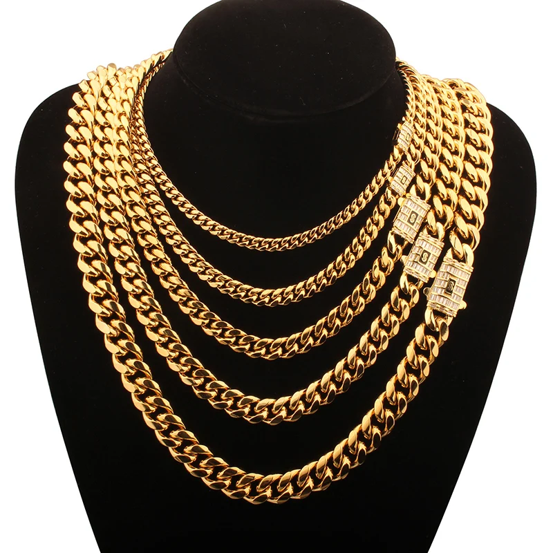 Hip Hop Cubic Zircon Bling Iced Out Gold Color Stainless Steel Cuban Miami Chains Necklaces Link Chain for Men Rapper Jewelry