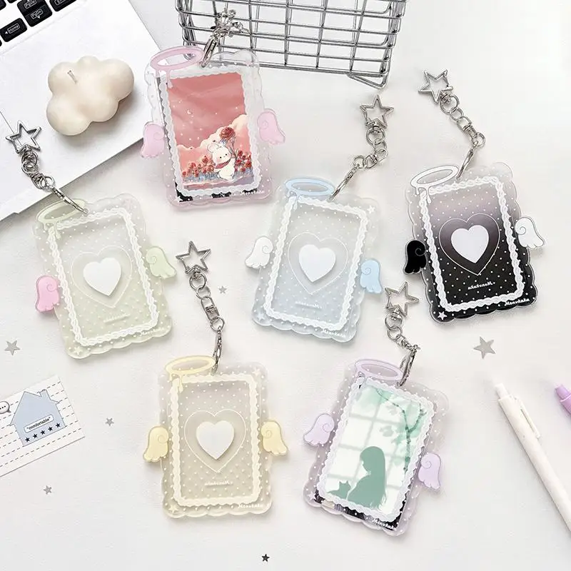 3 Inch Transparent Acrylic Photocard Holder Star Angel Wing Keychain Cute Photo Card Sleeve for Kpop Lovers Souvenir