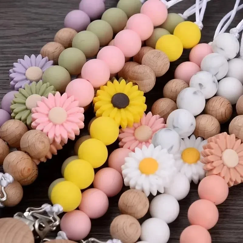 1Pcs Baby Beech Wood Pacifier Silicone Flower Beaded Nipple Clips for Soother Pacifier Holder Chain Nursing Toy Shower Gift