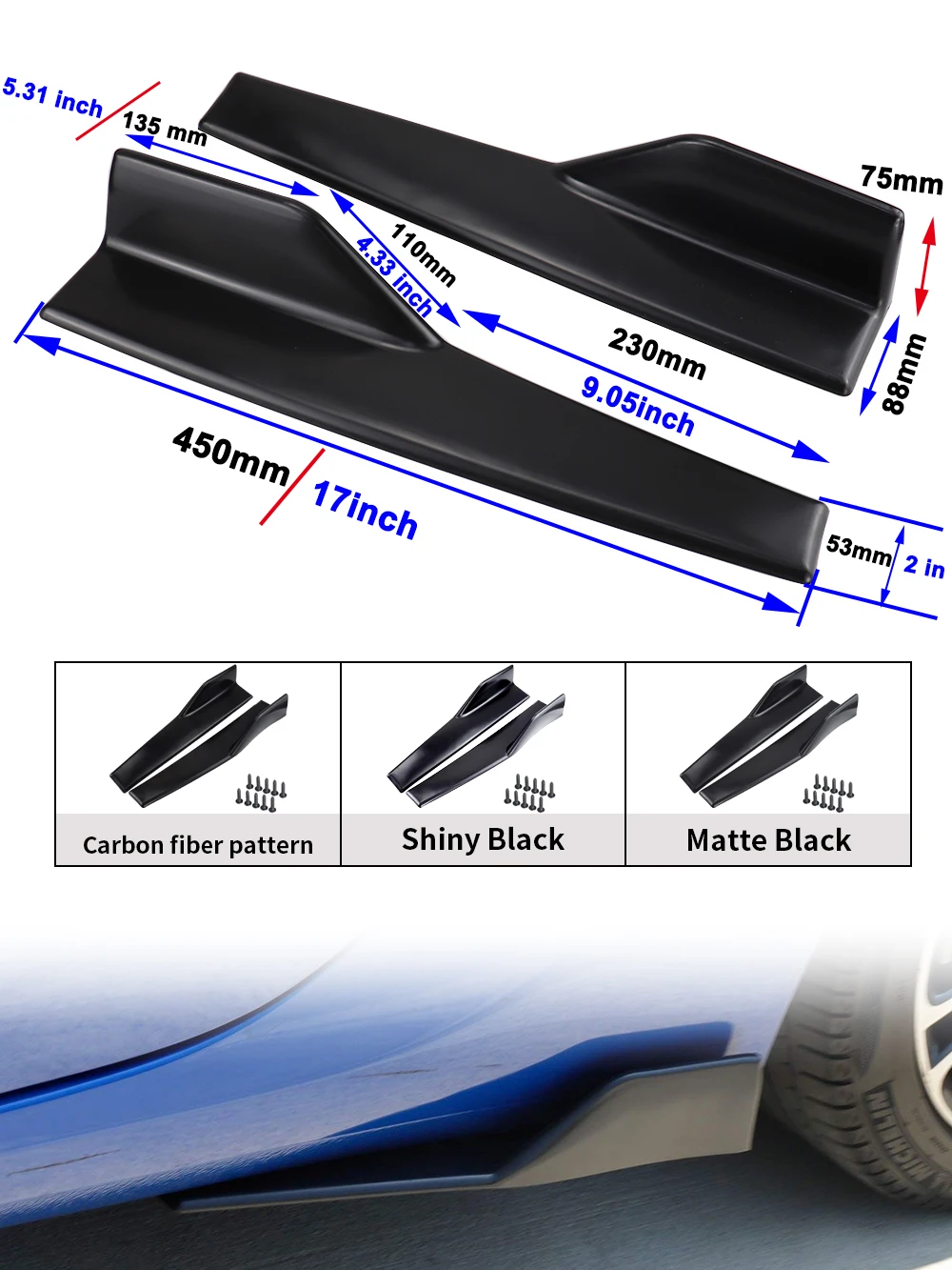 Universal 45cm Wide Body Side Skirt Set Anti-scratch Splitters With Winglet Spoiler Car Side Body Styling Mod Parts