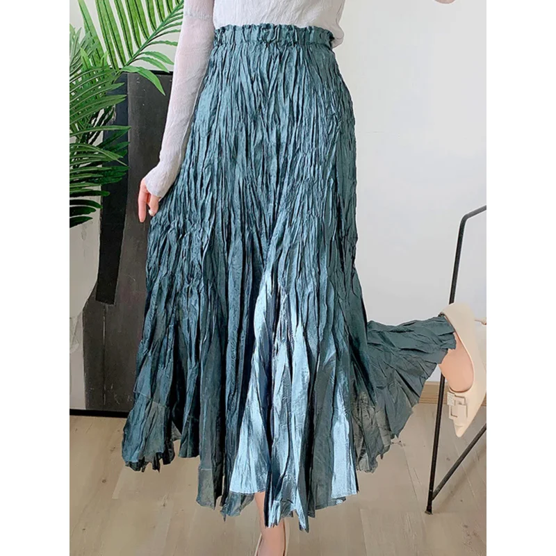 

Large Hem Pleated Mid Length Skirt For Female Elastic Waist Solid Color Irregular Skirts Female Elegant Clothing