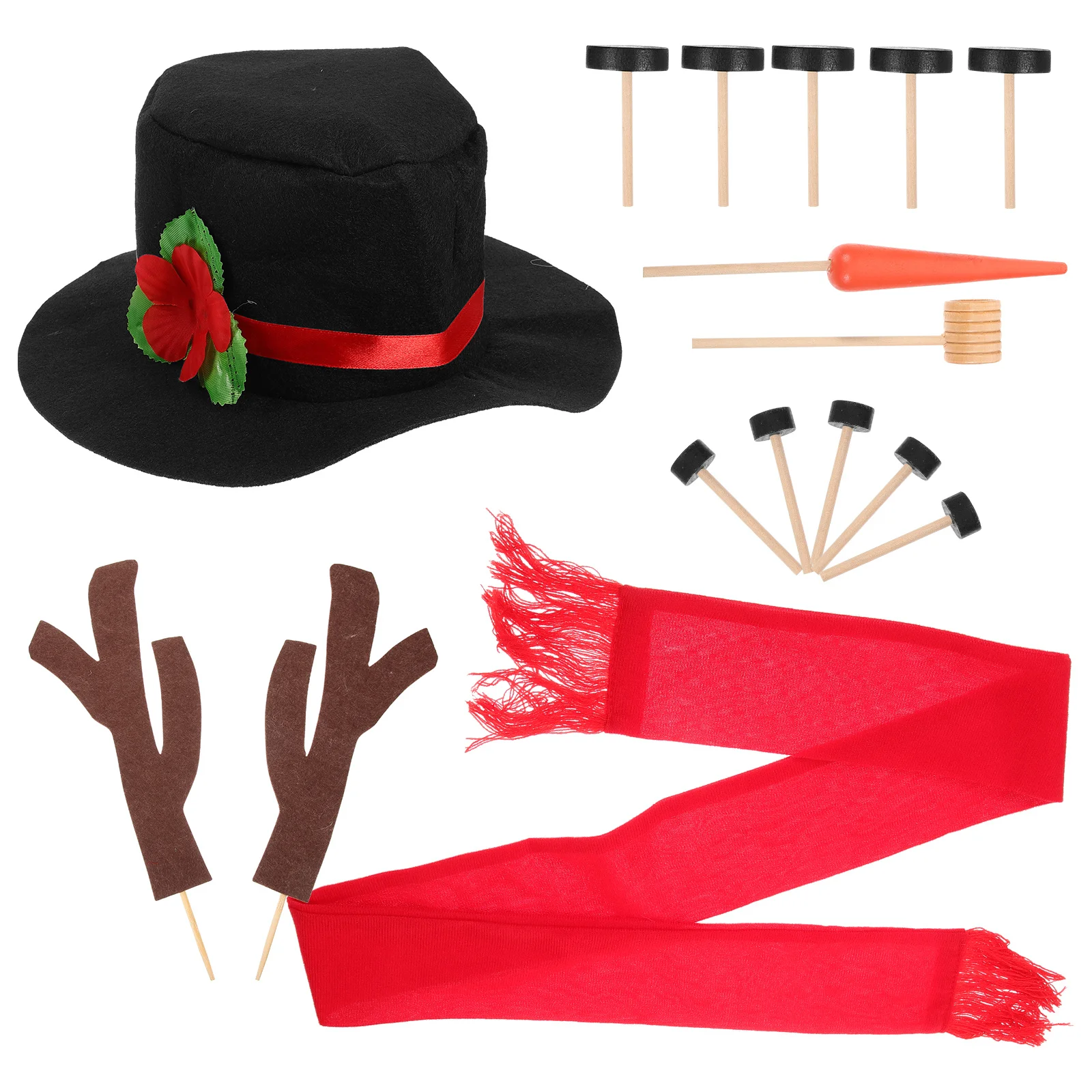 

16Pcs Snowman Decorating Dressing Kit Black Hat Red Scarf Wooden Eyes Mouth Buttons Nose Christmas Winter Activity