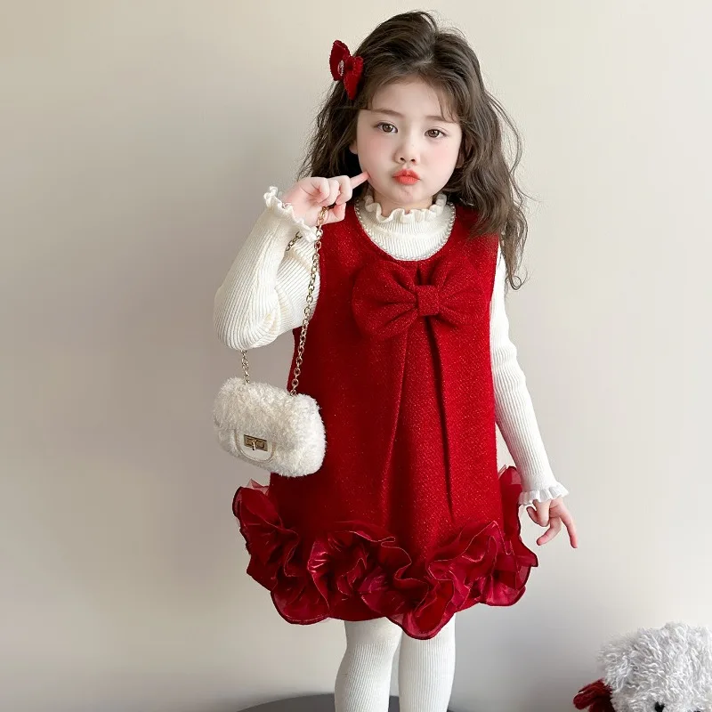 

Children's Clothing Korean Version Girls' Winter Bow Lace Woolen Skirt Two-piece Set New New Year's Clothing Set
