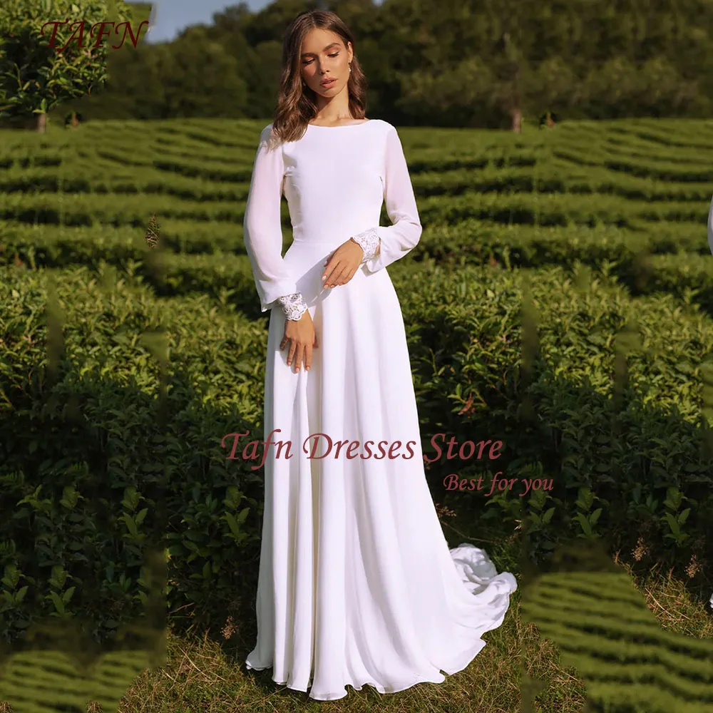 

TAFN Modest A-line Wedding Dresses Simple Scoop Collar Long Sleeves Bridal Gown Sweep Train Backless White vestidos de novia